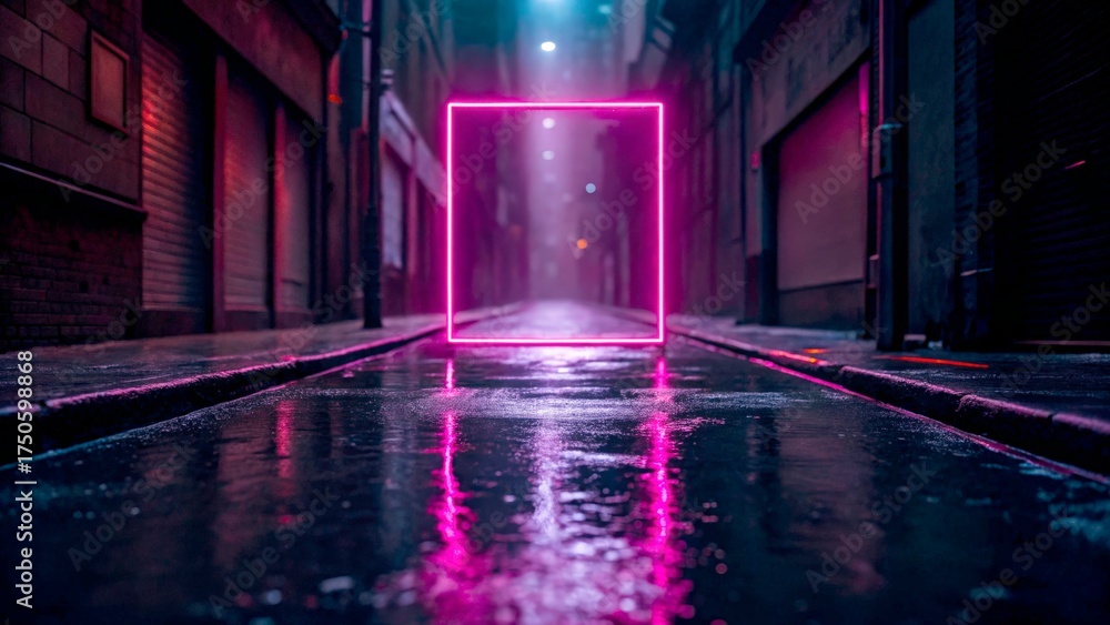Obraz premium Neon square glowing in a misty urban alley at night creating a surreal atmosphere