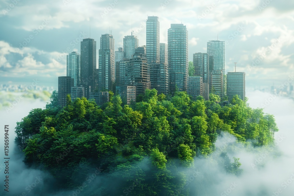 Fototapeta premium Urban skyscrapers rising from a lush green island surrounded by misty clouds at dawn