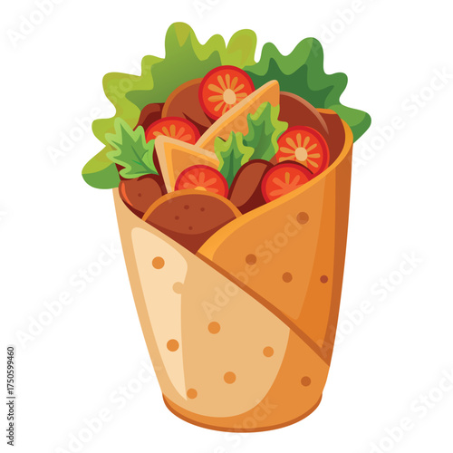 Delicious gyro wrap with tomatoes lettuce and pita bread illustration