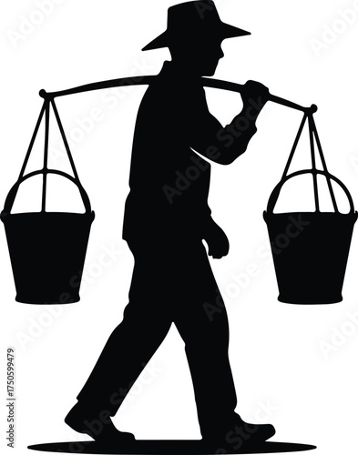 Vector silhouette farmer carrying water buckets illustration