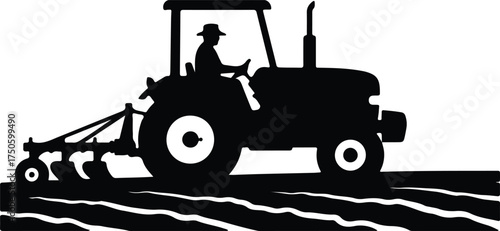 Vector silhouette farmer driving tractor plowing field illustration