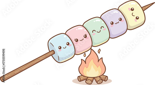 Cute Kawaii Marshmallow Skewer Roasting Over Campfire Adorable Cartoon Food Illustration for Sweet Treats and Summer Fun