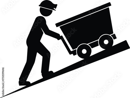 Vector silhouette of a miner pushing cart uphill illustration