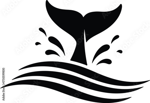 Vector silhouette whale tail above ocean waves illustration