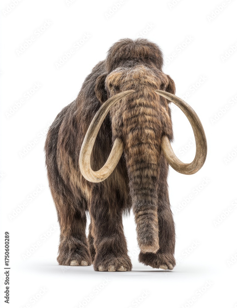 Obraz premium A large, shaggy mammoth stands on a white background, its tusks prominent