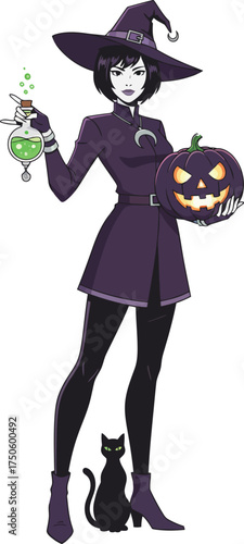 Mysterious Witch With Potion and Jack o lantern Halloween Theme Vector Illustration