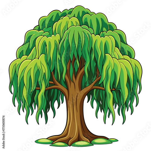 A vibrant green weeping willow tree with detailed foliage and brown trunk