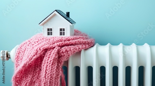 Symbolic image showing a miniature house wrapped in a warm scarf on a radiator, representing rising electricity bills and heating expenses.