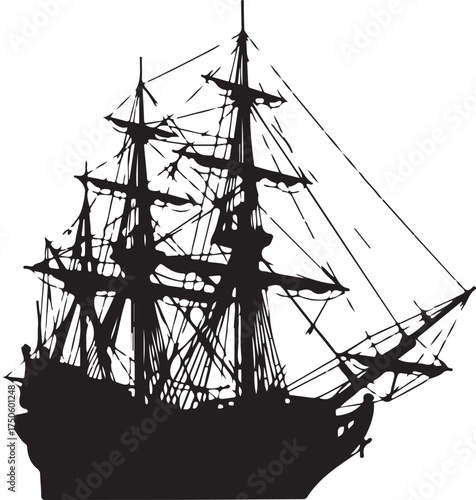 Silhouette of a grand tall ship with multiple masts sailing majestically on the open sea, Generative Ai
