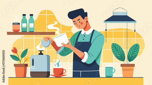 Person pouring hot beverage in a kitchen environment