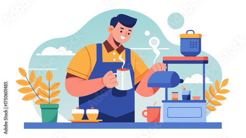 Man making coffee with machine in a cafe illustration