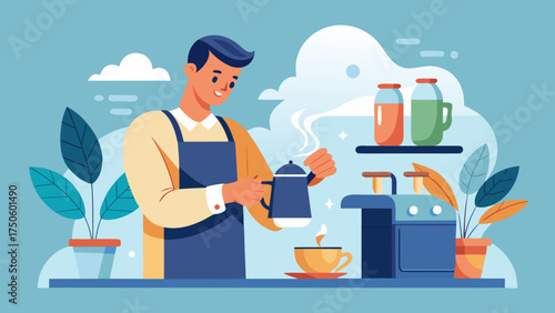 Man pouring coffee from a pot in a cafe illustration
