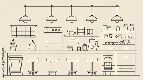 A line drawing of a cafe interior with bar and stools