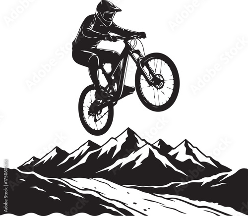 Dynamic silhouette of a mountain biker performing a jump over a rugged mountain range, Generative Ai
