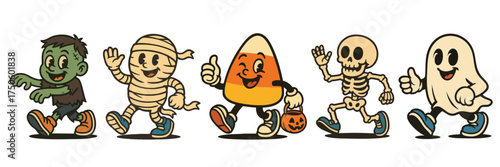 Cute retro Halloween cartoon characters walking together, vintage mascot illustration with zombie, mummy, candy corn, skeleton and ghost