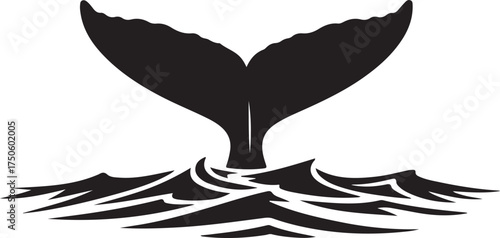 Silhouette of a whale s fluke diving into stylized ocean waves creating a powerful marine silhouette, Generative Ai
