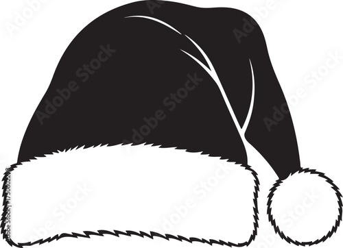 Classic black silhouette of a santa claus hat with white fluffy trim and pom pom, Generative Ai
