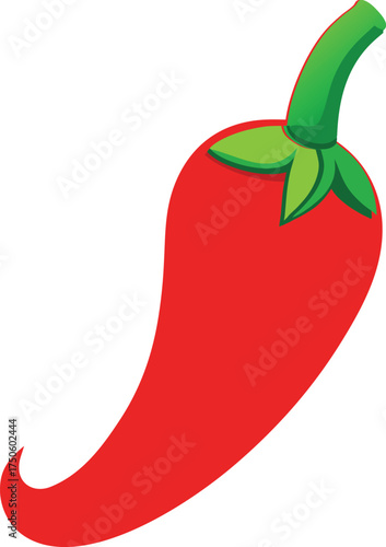 A vibrant red chili pepper illustration with a bright green stem and leaves