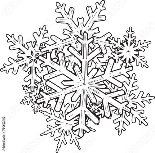 Intricate crystalline snowflake clusters showcasing delicate hexagonal ice formations in a detailed line drawing, Generative Ai
