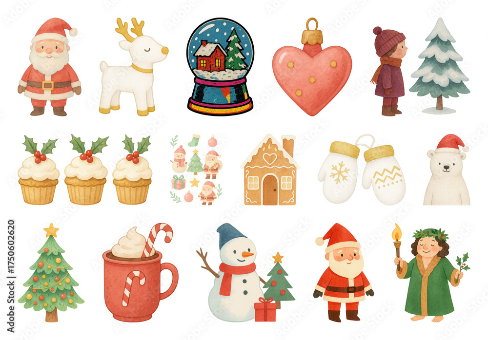 Fototapeta premium PNG Whimsical festive holiday illustrations, element set on transparent background