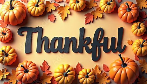 Blessed thankful sign with pumpkins and leaves for Thanksgiving cards, holiday greetings, seasonal promotions and festive designs