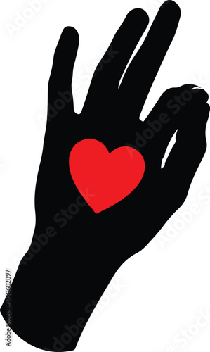Silhouette of a black hand forming an ok gesture with a vibrant red heart on its palm, Generative Ai
