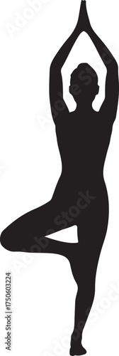 Silhouette of a person in the vrikshasana yoga pose with arms raised in prayer above head, Generative Ai
