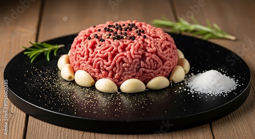 Fresh Ground Beef Tartare with Garlic and Rosemary on Black Plate.