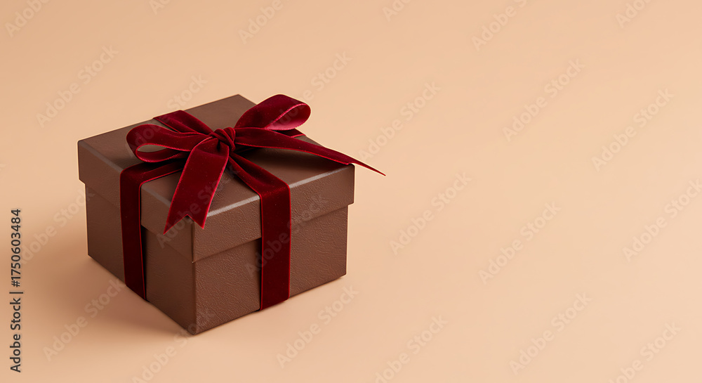 Obraz premium Elegant Brown Gift Box with Red Velvet Ribbon on a Beige Background