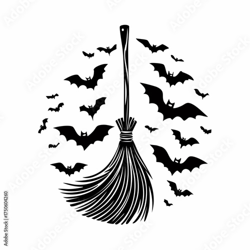 Halloween Witch Broom with Bats Silhouette SVG