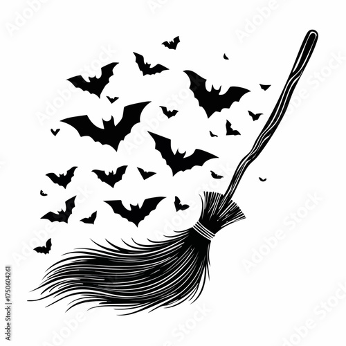 Halloween Witch Broom with Bats Silhouette SVG