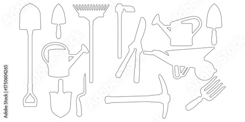 CAD Drawings. Outline Set of 10 garden tools. Includes shovel, rake, hoe, trowel, watering can, wheelbarrow, pruning shears, etc. Vector illustration.