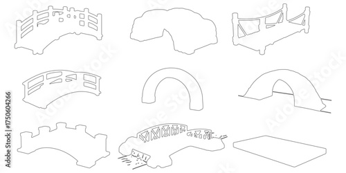 CAD Drawings. Outline Set of decorative garden bridge assets. Includes wooden arch bridge, stone bridge, rope crossing, flat plank bridge, etc. Vector illustration.