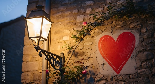 Fototapeta Naklejka Na Ścianę i Meble -  Romantic Street Scene - Illuminated Lamp and Heart Graffiti.