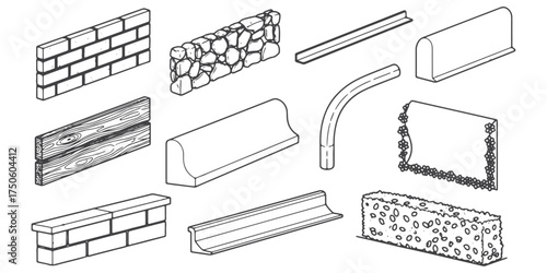 CAD Drawings. Set of path edging and border elements. Includes brick edging, stone border, metal strip, concrete curb, wood plank edge, curved divider, flower border, etc. Vector illustration.