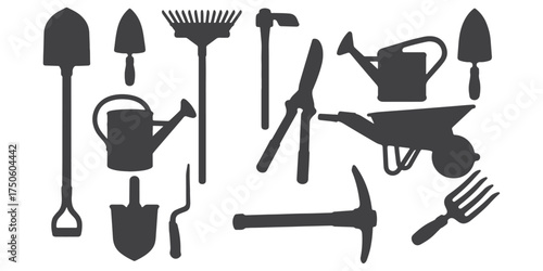 CAD Drawings. Silhouette Set of 10 garden tools. Includes shovel, rake, hoe, trowel, watering can, wheelbarrow, pruning shears, etc. Vector illustration.