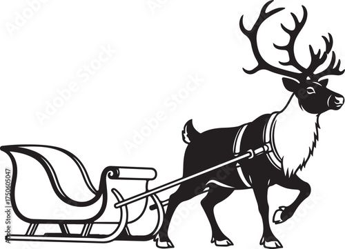 Classic black and white illustration of a reindeer pulling santa s sleigh through the snow, Generative Ai
