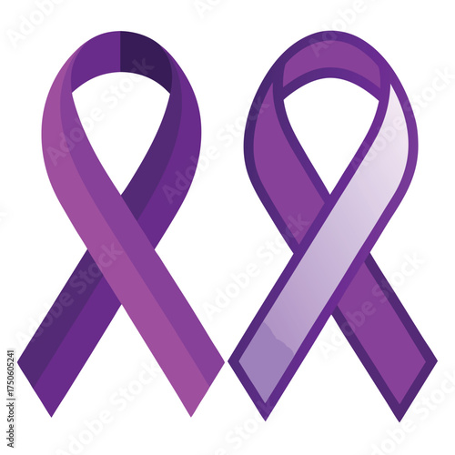 Two purple ribbons symbolizing awareness support and remembrance for various causes