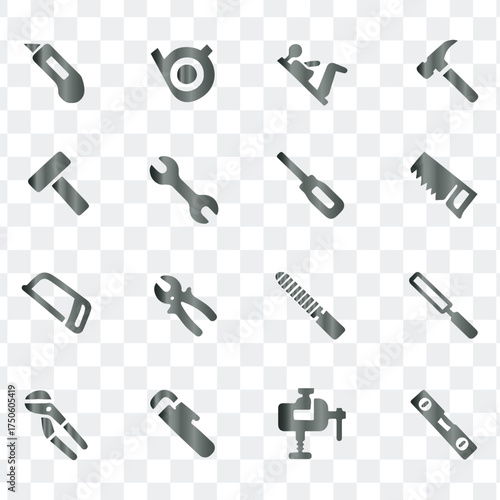 A Set of Sixteen Gray Industrial and Construction Tool Icons.