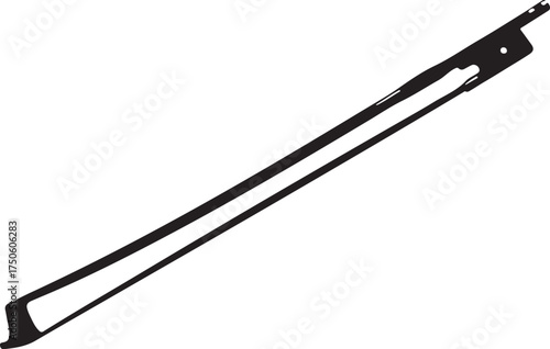 Close up of a black metal violin bow with horsehair stretched taut against a white background, Generative Ai
