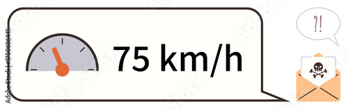 Speedometer reading 75 kmh in speech bubble alongside exclamation and warning letter. Ideal for safety, caution, violations, communication, urgency, security, risk in simple flat metaphor