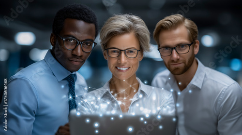 Data Team Collaboration: Three skilled professionals gather around a laptop, working together to analyze complex data. Their faces reflect concentration and collaboration.