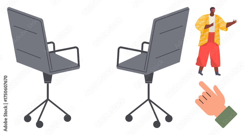 Fototapeta premium Two swivel office chairs alongside a casual person gesturing in colorful clothing and a hand pointing. Ideal for teamwork, office setups, discussions, presentations, workplace, decision-making