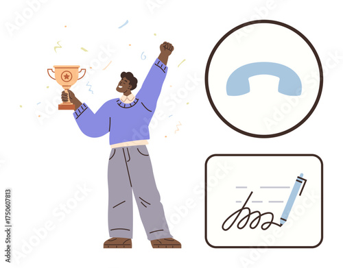 Person cheering with a trophy, a phone receiver, and a signature icon. Ideal for achievement, success, communication, agreement, recognition celebration and teamwork concepts. Simple flat metaphor