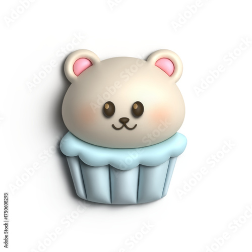 3D Render Cute White Bear Inside Cupcake Illustration Design 
