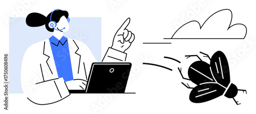 Female customer service agent wearing a headset, working on a laptop and pointing at a flying insect. Ideal for support, troubleshooting, observation, precision, awareness, analysis, simple flat