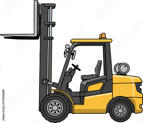 Modern Yellow Forklift Truck Side View with Raised Forks Vector Illustration 