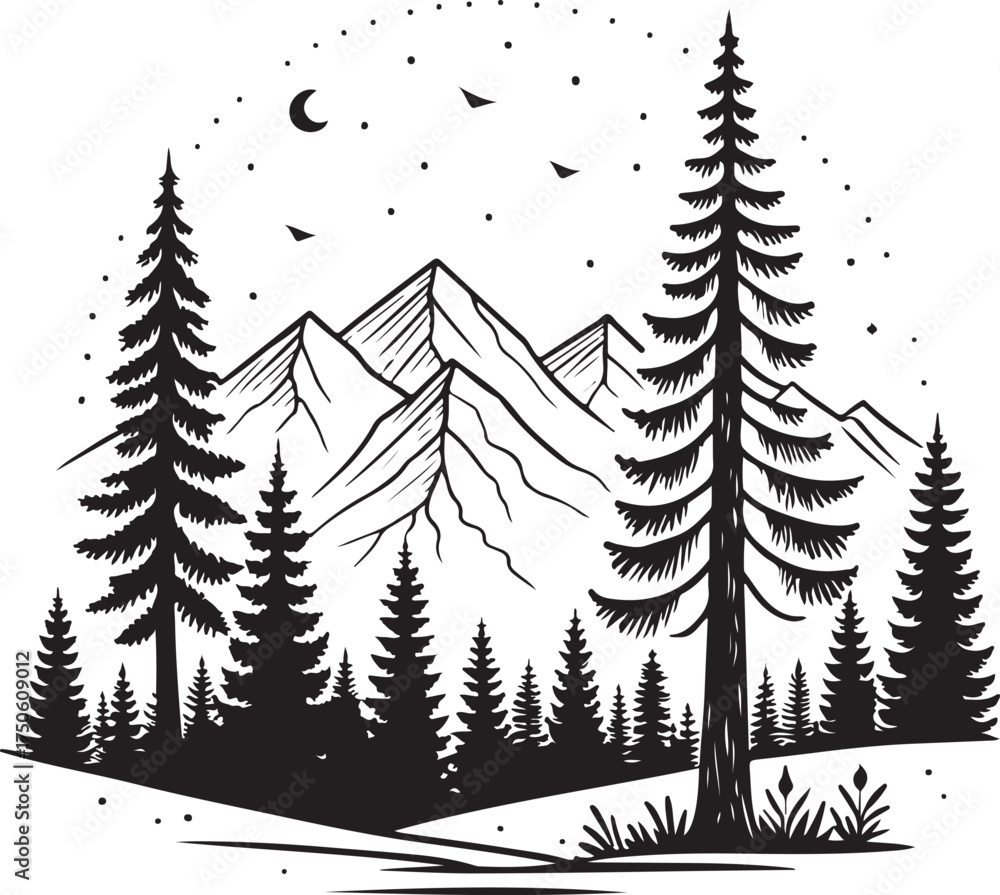 Fototapeta premium Mountain Landscape with Pine Trees – Nature Forest Illustration in Black and White