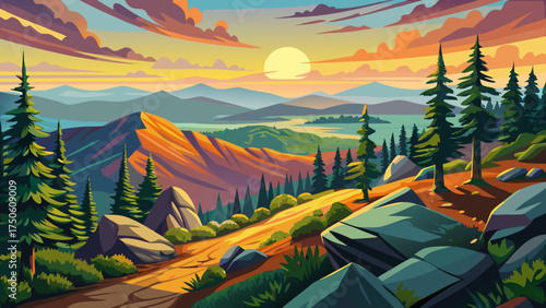 Very beautiful Tibbet Knob view in George Washington National Forest, Virginia, vector-style scene with pine trees, rocks, and vast wilderness beyond.