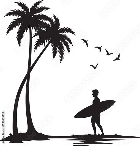 Silhouette of surfer with surfboard near palm trees and flying birds 8